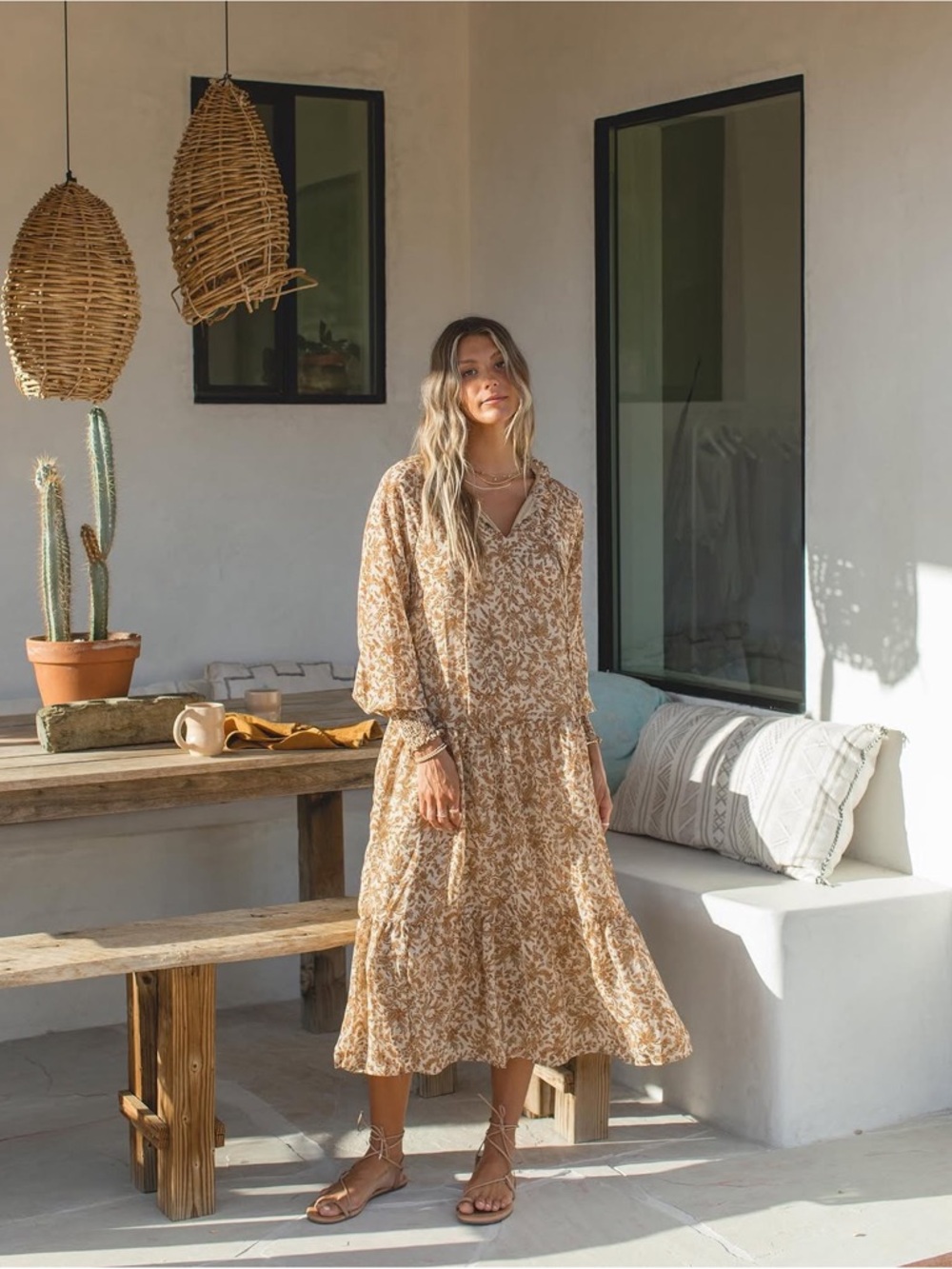 SOLAÍ The Label Gold Autumn Floral Flowy Midi Dress